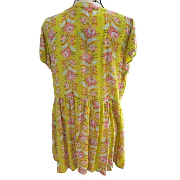 Vintage America Women's V-Neck Tunic Sz Large Chartreuse w/ Pink Floral - Picture 3 of 8